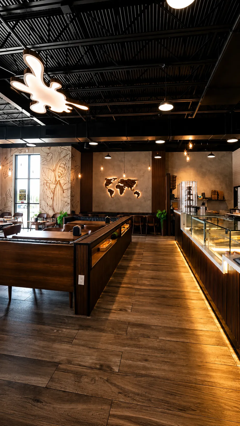 Inside ChocolateBar Jacksonville — world-map wall and dessert display counter